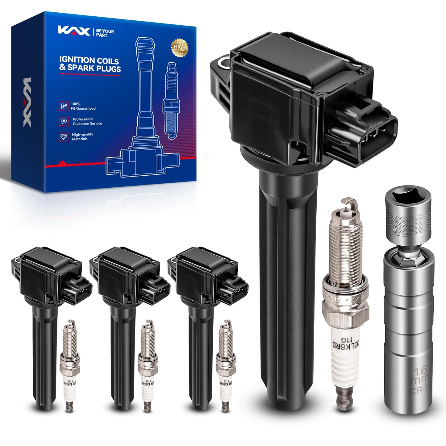 KAX OEM Performance Set of 4 UF814 Ignition Coil Pack & Iridium Spark Plugs w/Magnetic Socket for Mitsubishi Outlander 2014-2019